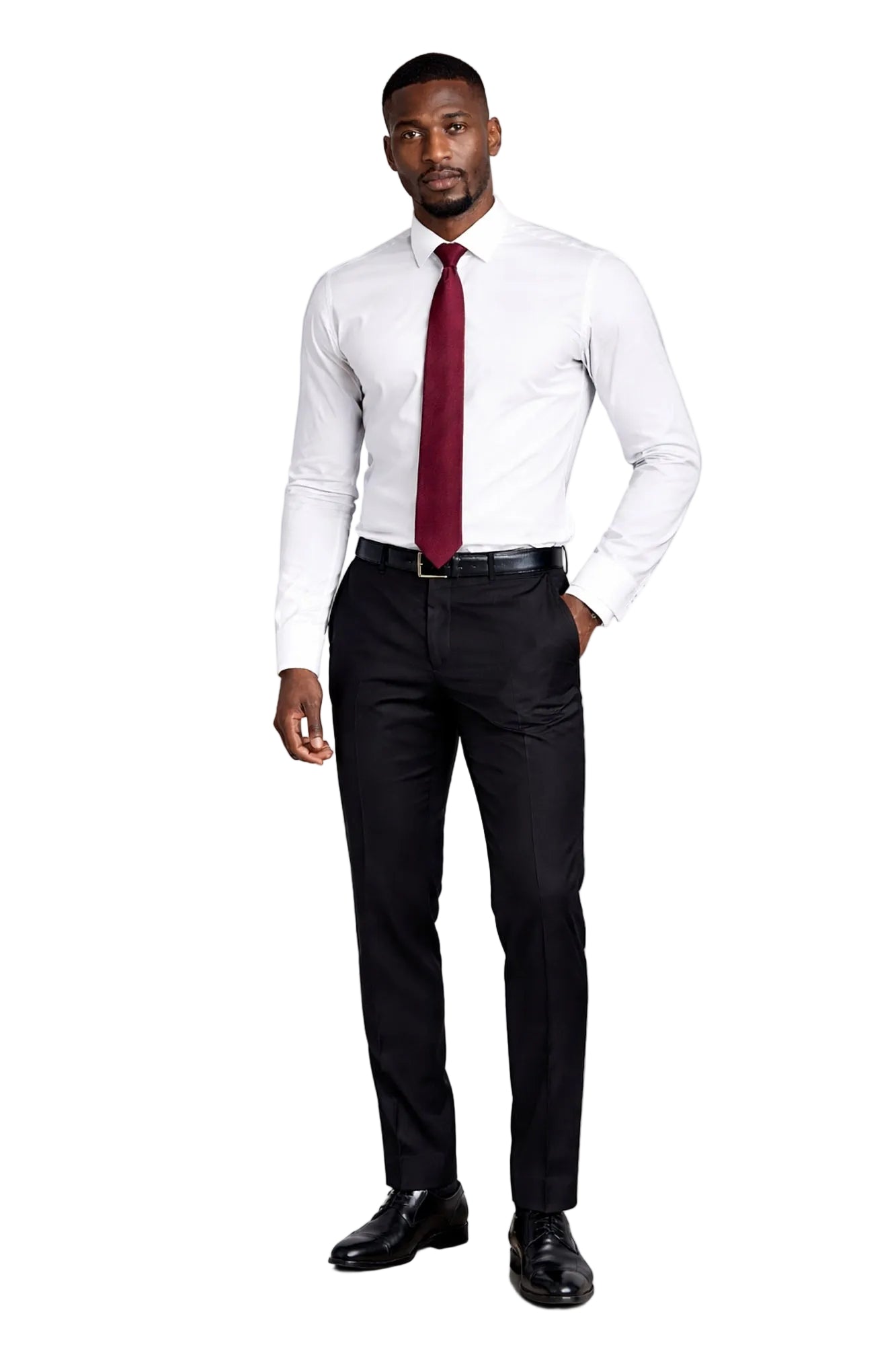 Man wearing a white dress shirt, black pants, and a red tie on a white background
