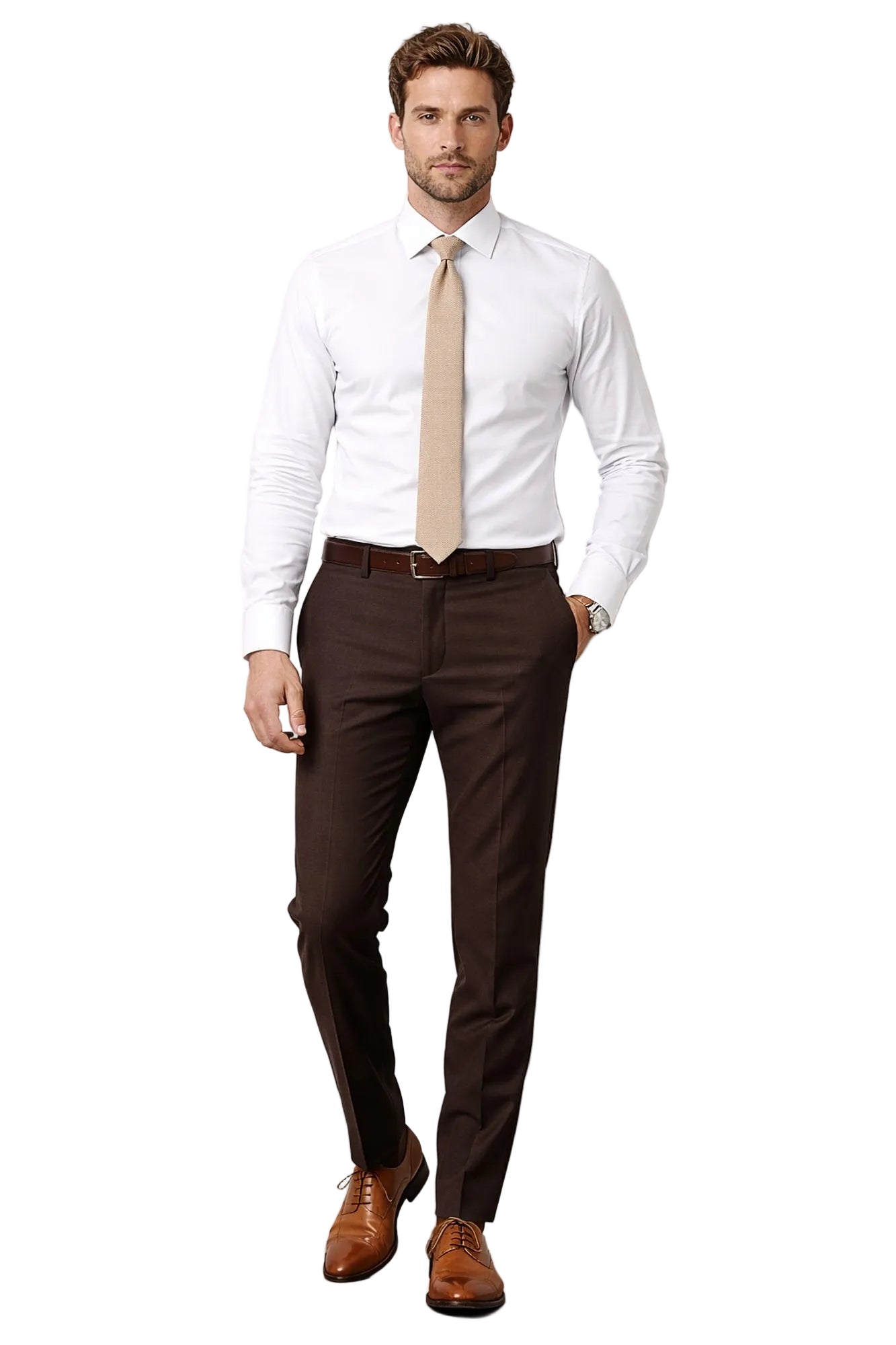 Man wearing a white dress shirt, brown tie, brown pants, and brown shoes against a light gray background