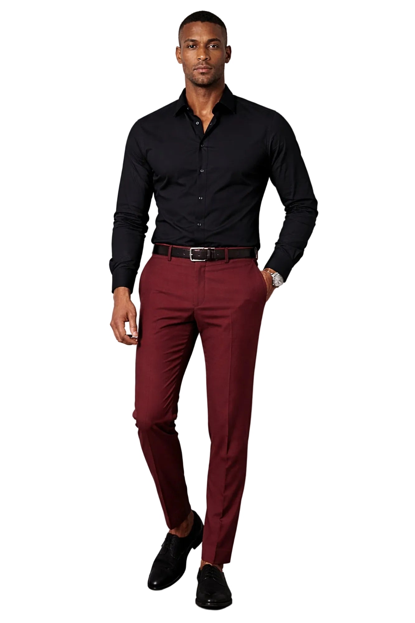 Man wearing a black shirt and maroon pants