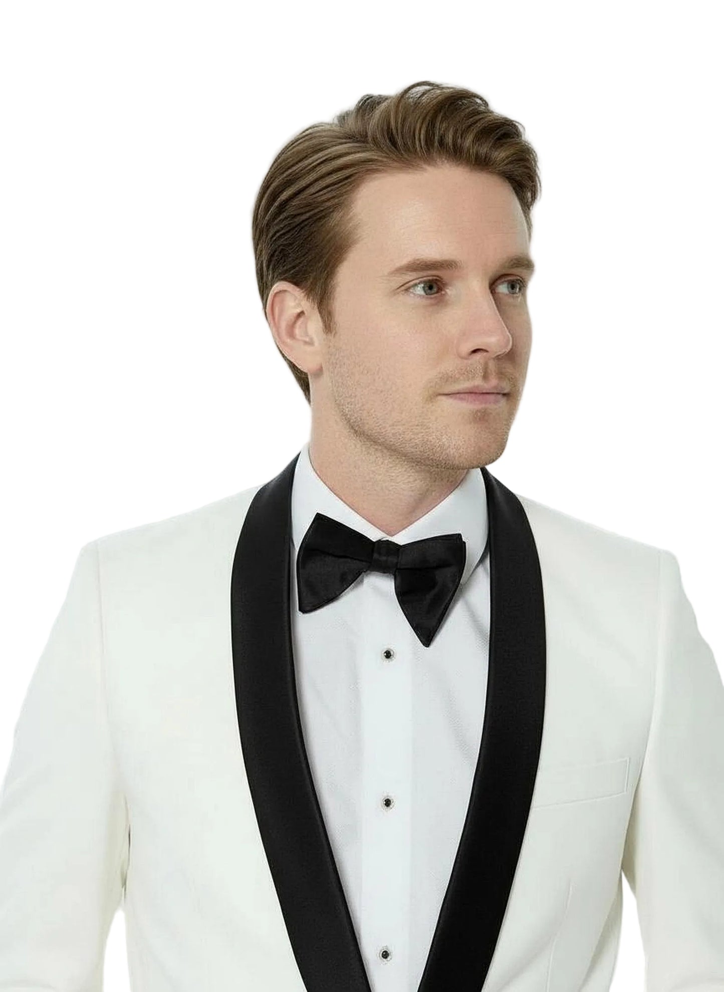 White Tuxedo Jacket with Black Satin Shawl Lapel close up