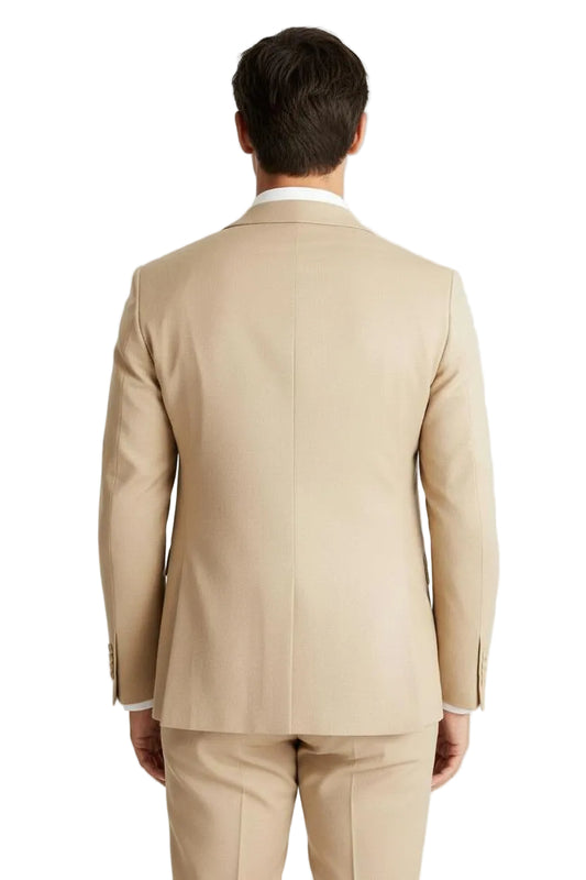 Man wearing a beige suit on a white background