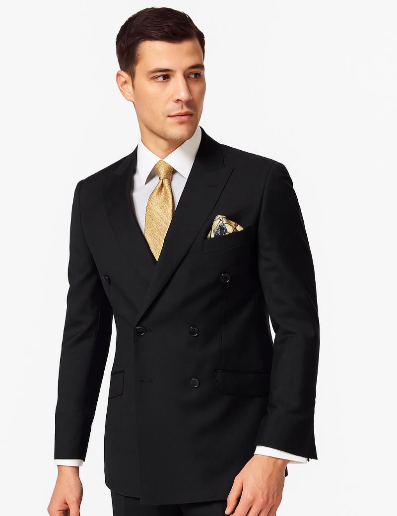 Man wearing a black suit with a gold tie and pocket square on a white background