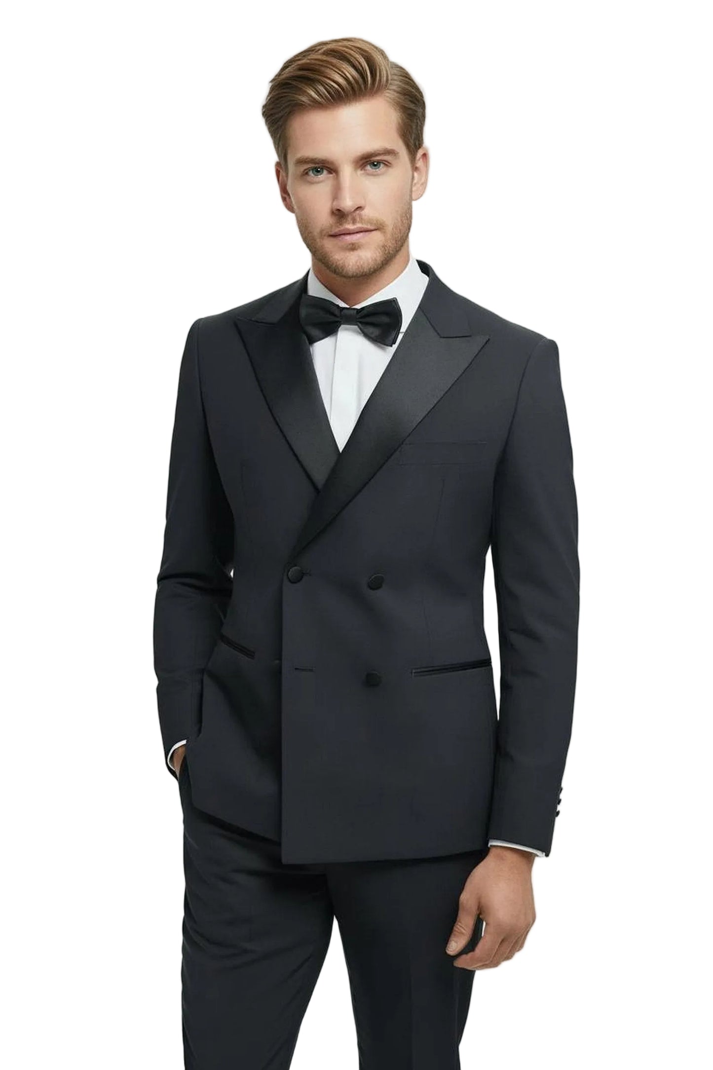 Man wearing a black tuxedo with a white shirt and black bow tie on a light gray background