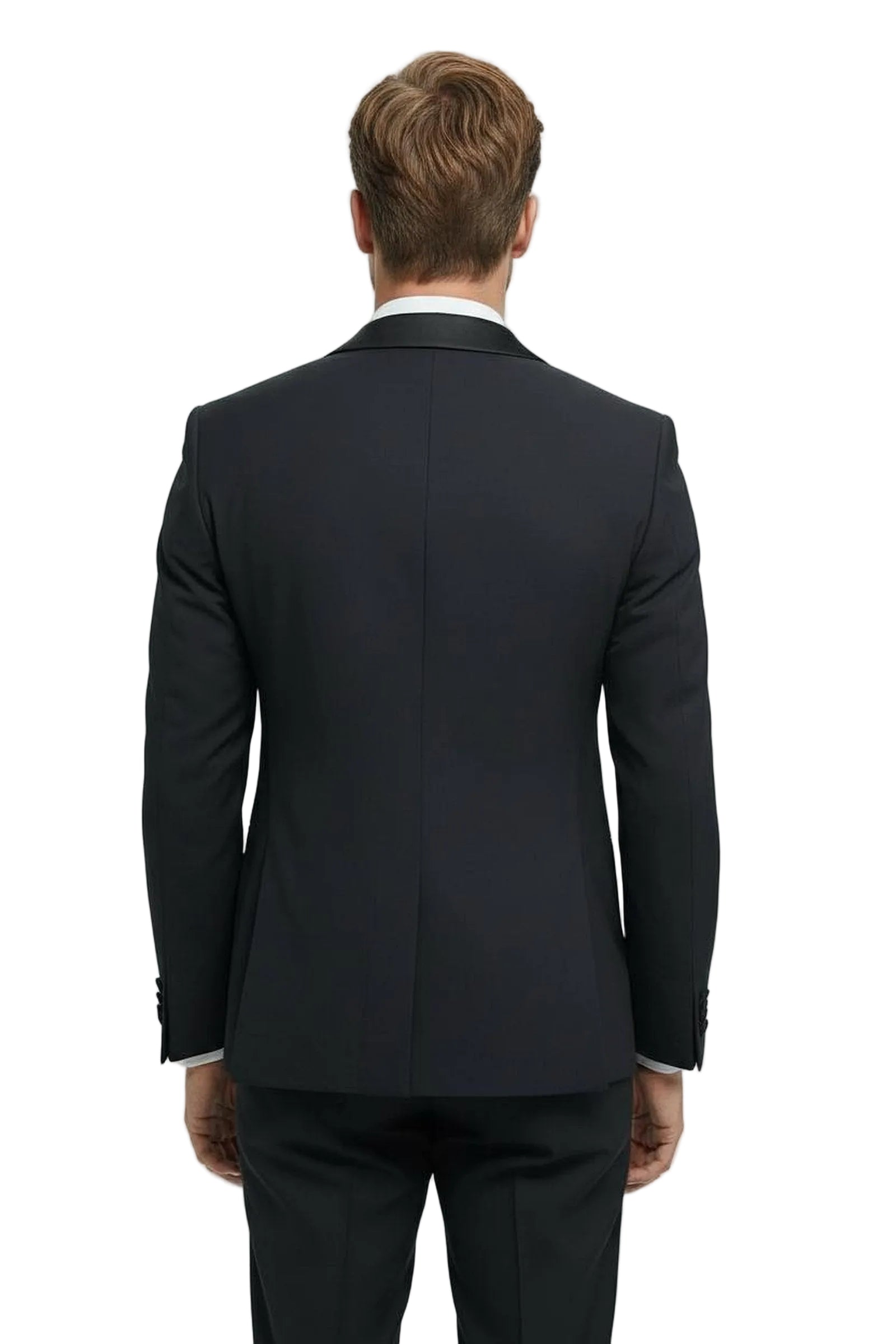 Black suit jacket worn by a person on a light gray background