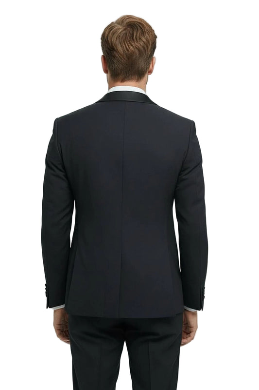 Black suit jacket worn by a person on a light gray background
