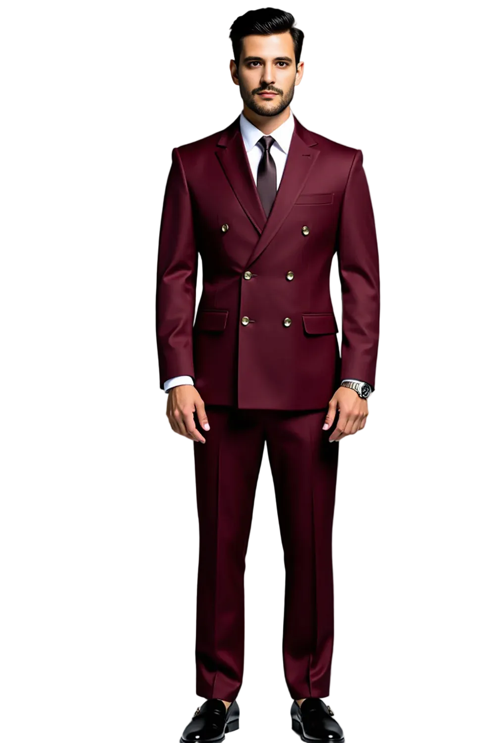 Man wearing a burgundy suit with a white shirt and black shoes on a gray background
