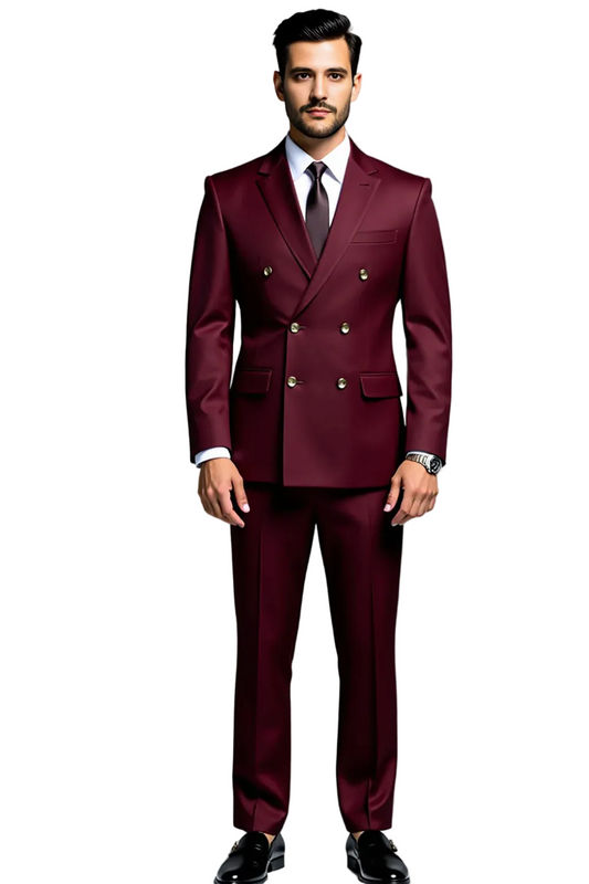 Man wearing a burgundy suit with a white shirt and black shoes on a gray background
