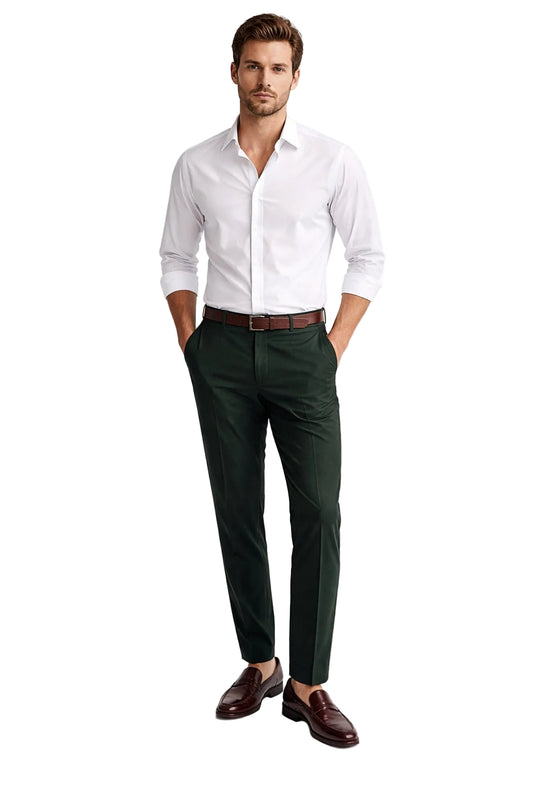 Man wearing a white dress shirt, green pants