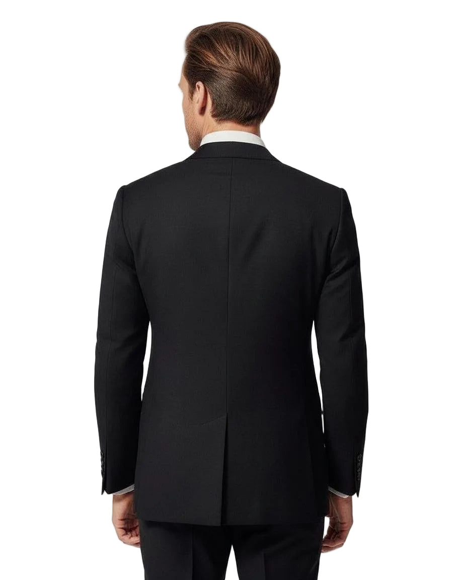 Man wearing a black suit jacket on a white background
