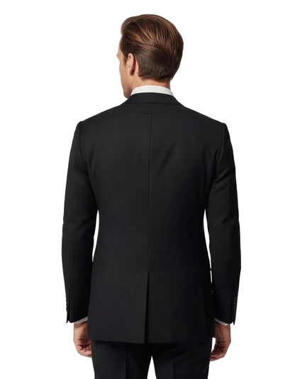 Man wearing a black suit jacket on a white background