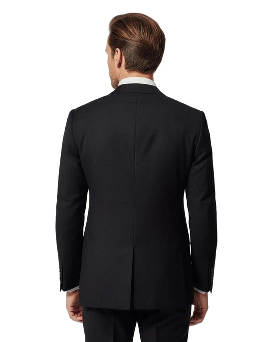 Man wearing a black suit jacket on a white background