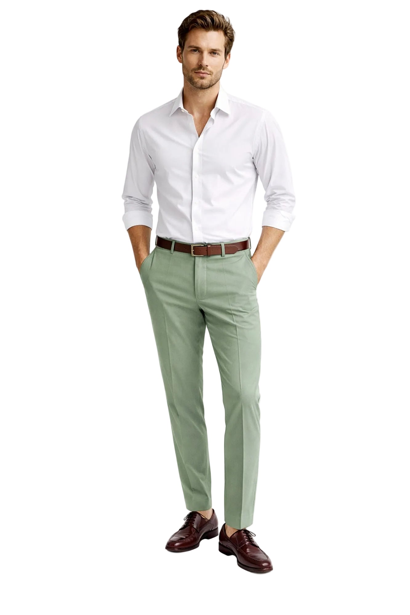 Man wearing a white shirt, light green pants