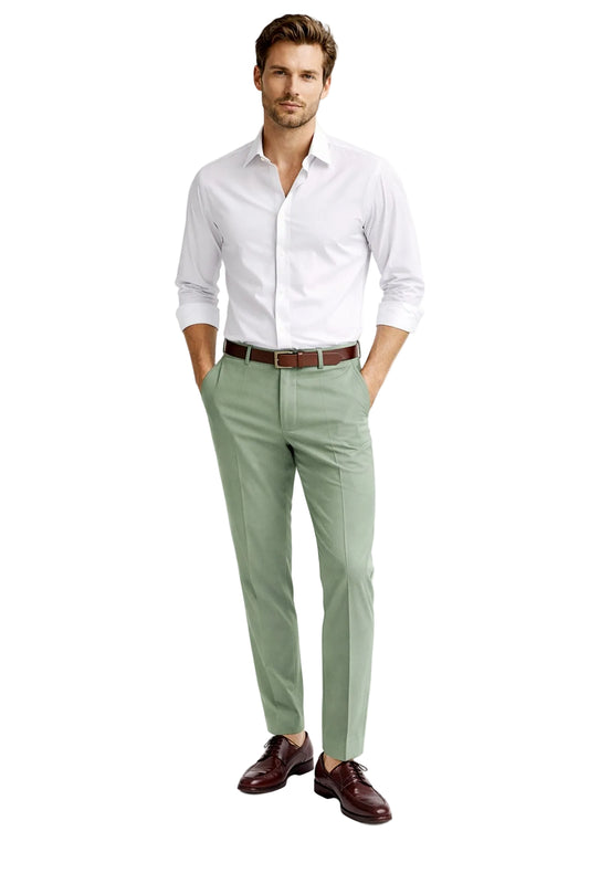 Man wearing a white shirt, light green pants