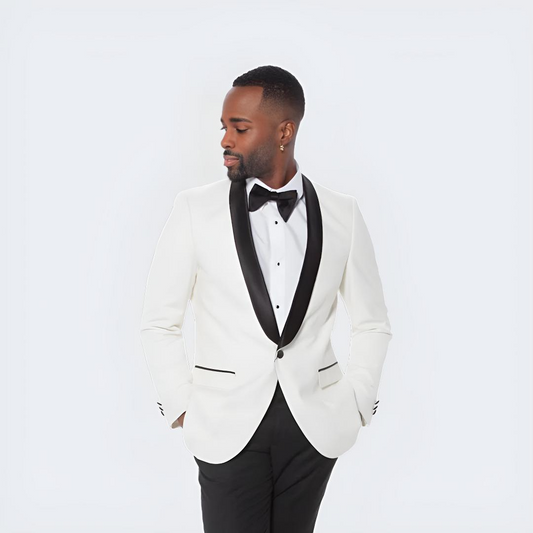 Ivory Tuxedo Jacket with Black Satin Shawl Lapel Slim Fit - Wedding - Prom