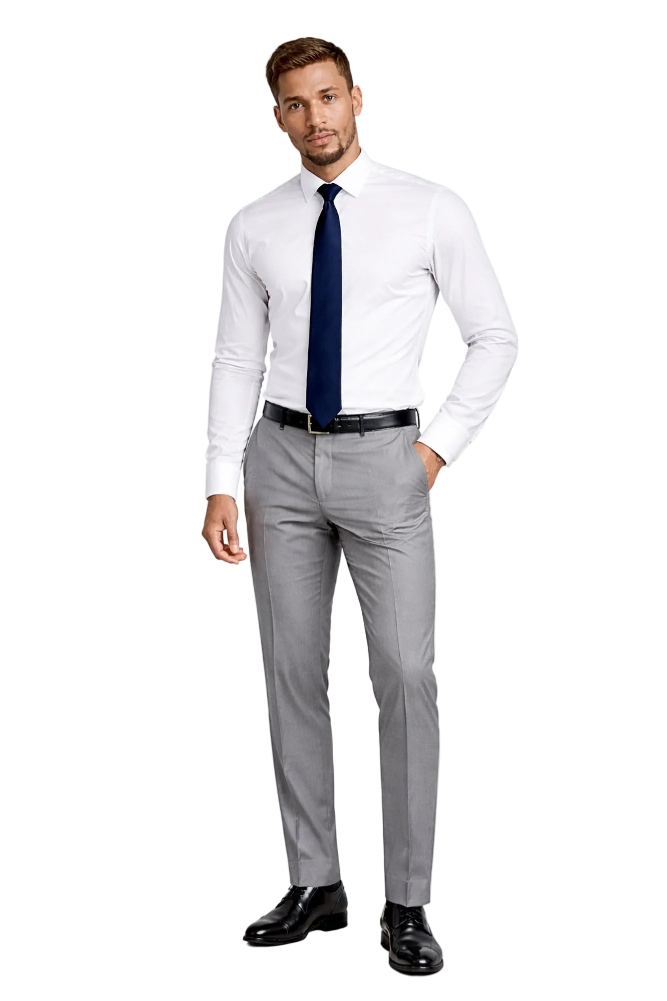 Man wearing a white dress shirt, gray pants, black shoes, and a navy tie on a white background