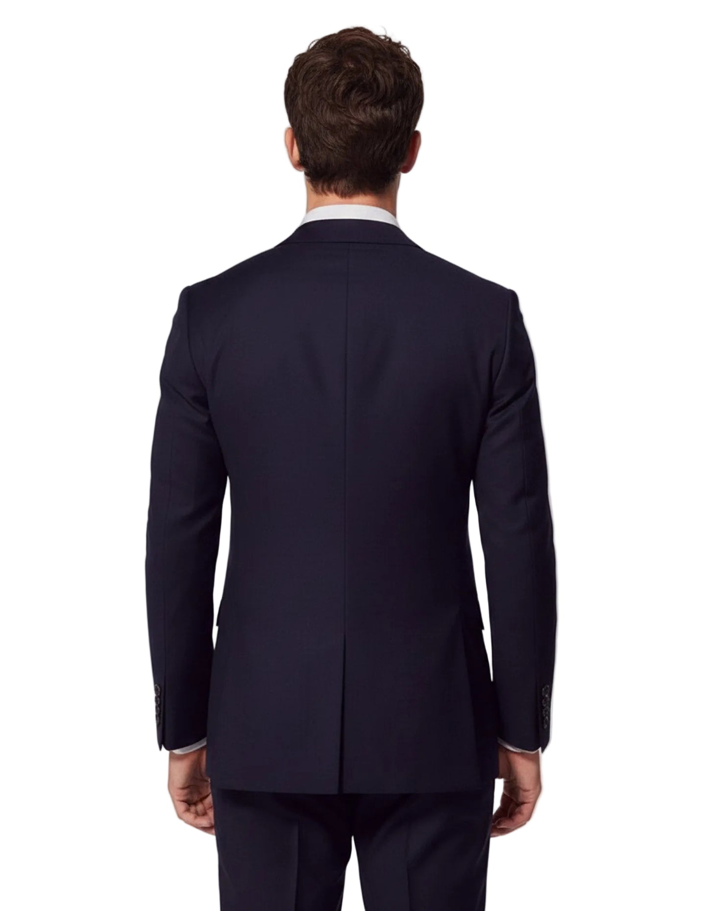 Man wearing a navy suit jacket on a white background