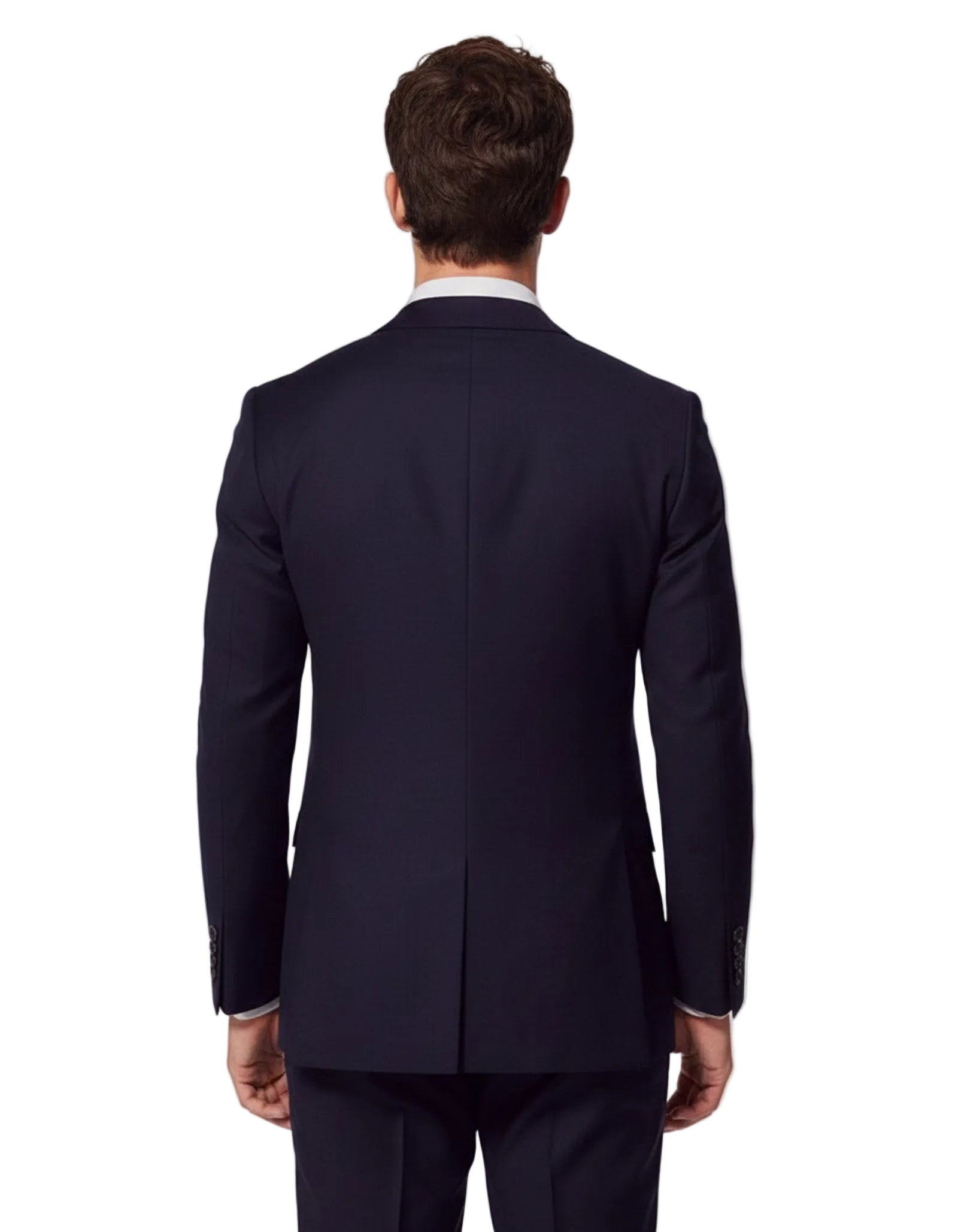 Man wearing a navy suit jacket on a white background