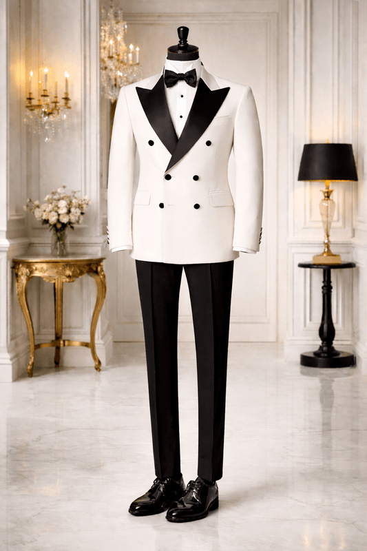 Off White Tuxedo with Black Peak Lapel & Black buttons