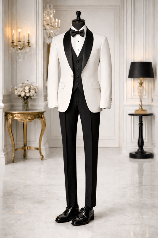 Premium White Tuxedo with Black Shawl Lapel & Black waistcoat