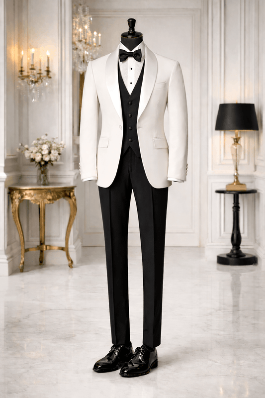 Off White Tuxedo with White Shawl Lapel & Black Waistcoat