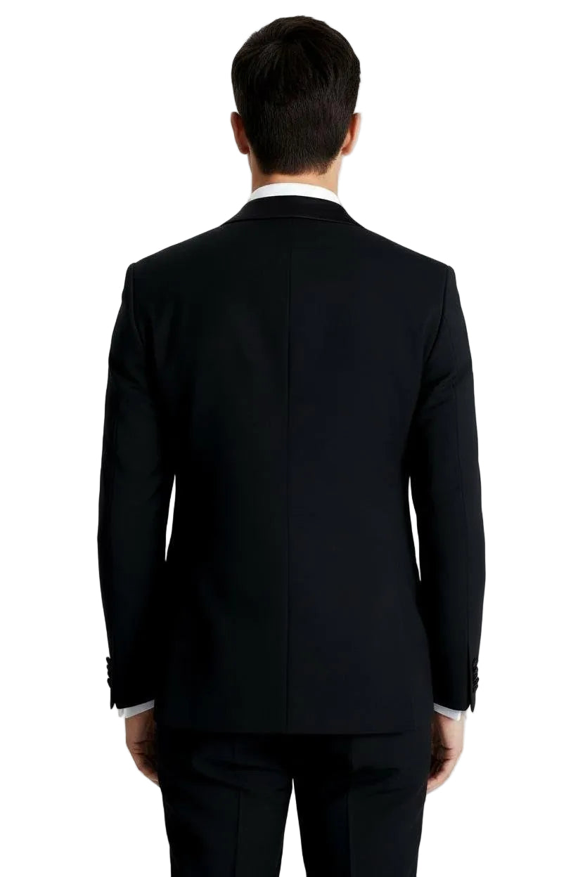 Man wearing a black suit jacket on a white background