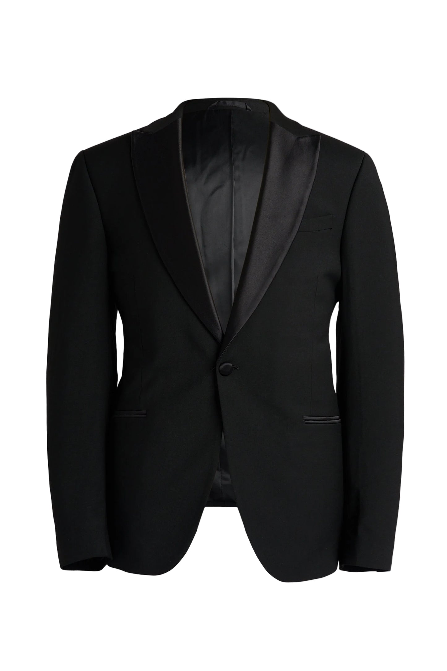 Black tuxedo jacket on a light gray background