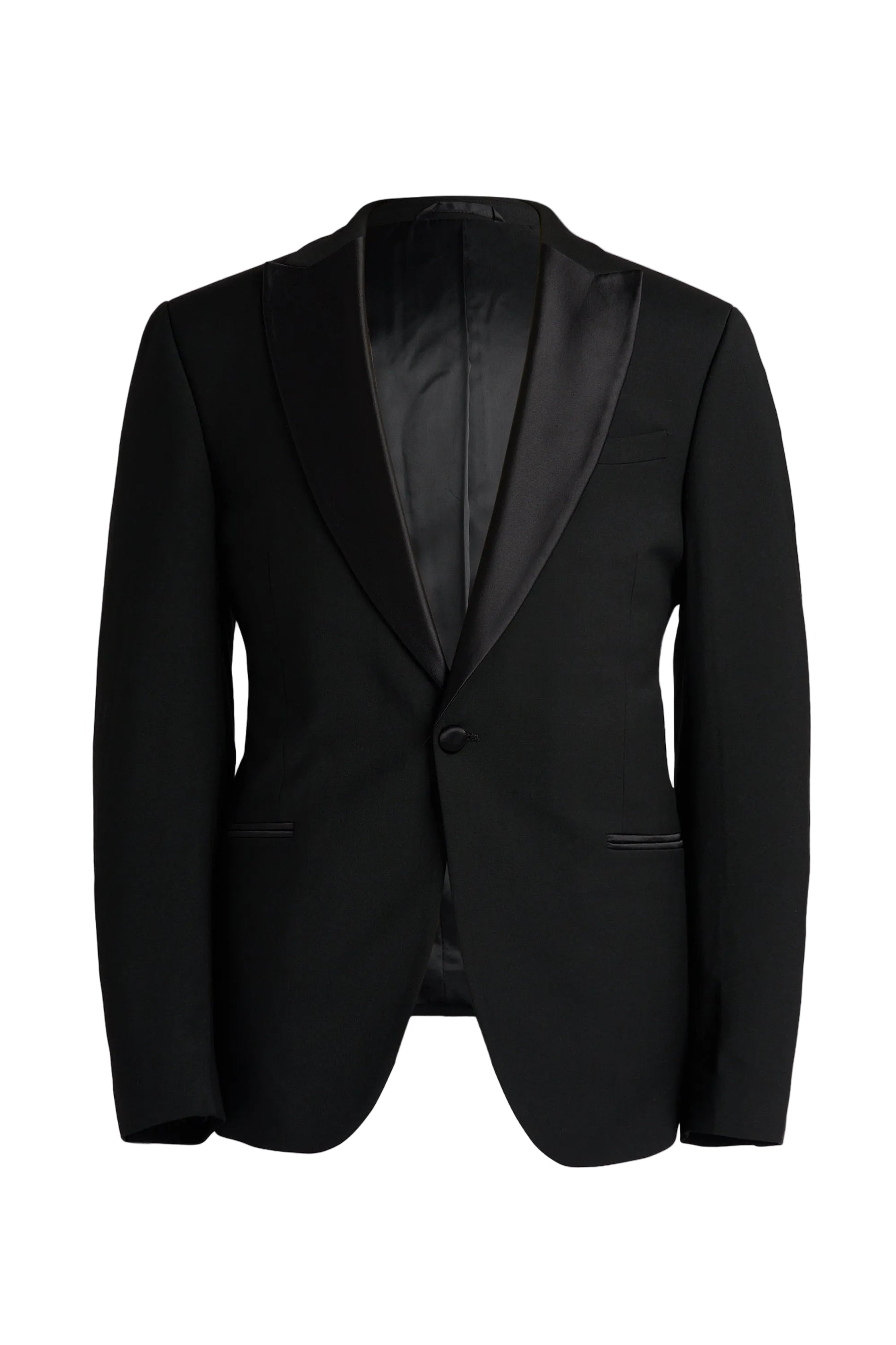 Black tuxedo jacket on a light gray background