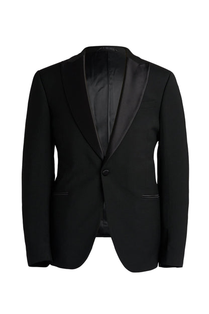 Black tuxedo jacket on a light gray background