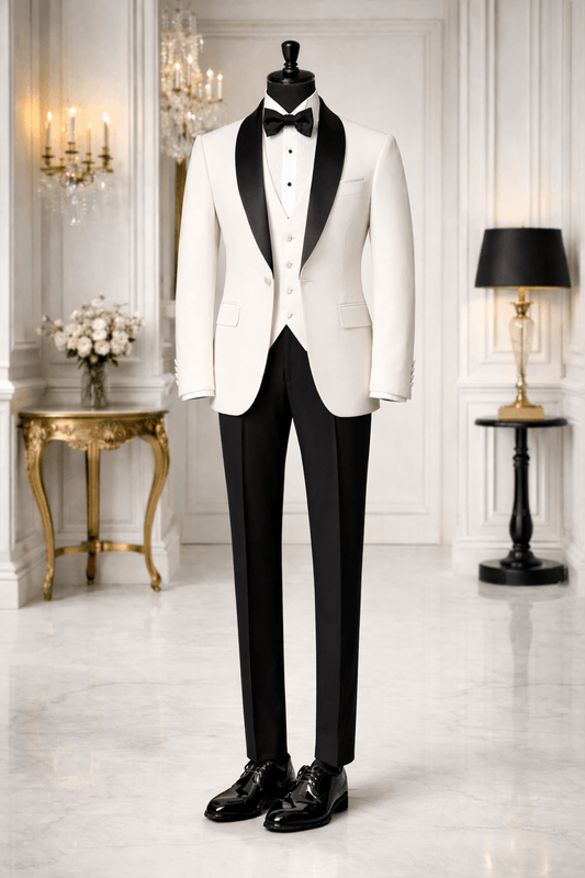 off white tuxedo with black shawl lapel displayed on a mannequin in an elegant setting.