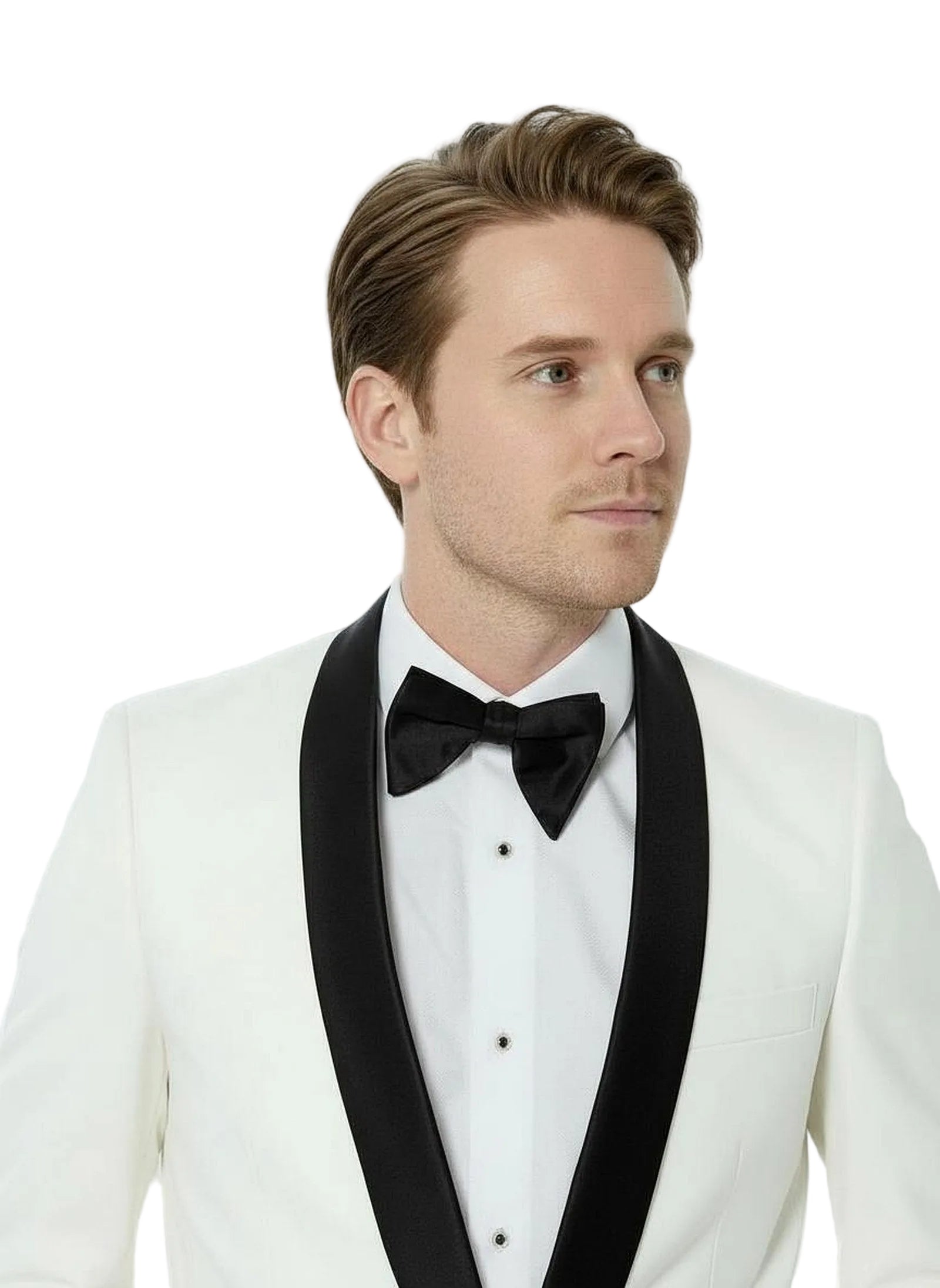 White Tuxedo Jacket with Black Satin Shawl Lapel close up