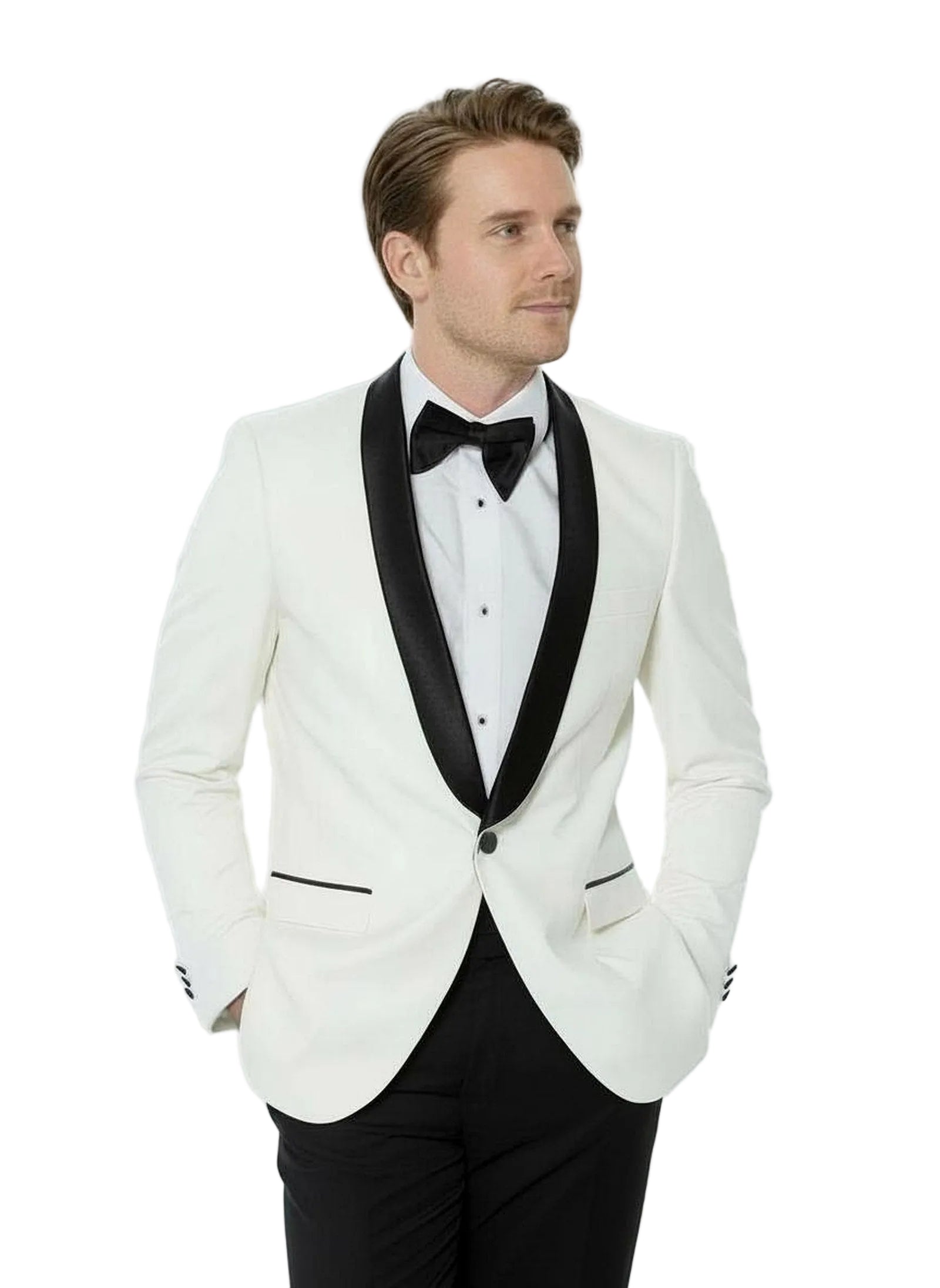 White Tuxedo Jacket with Black Satin Shawl Lapel front